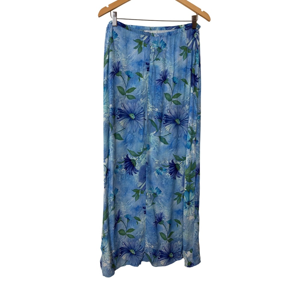 Vintage Express Blue Floral Maxi Skirt Rayon 90s Boho Size 13/14